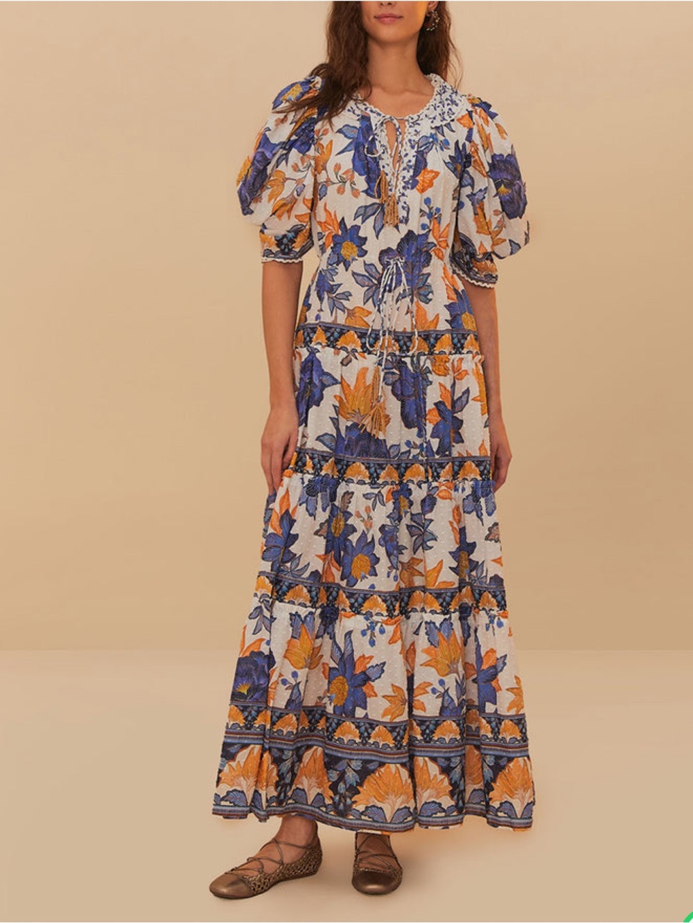 FARM Rio Off-White Summer Flowers Beaded Tassels Maxi Dress NWT XS